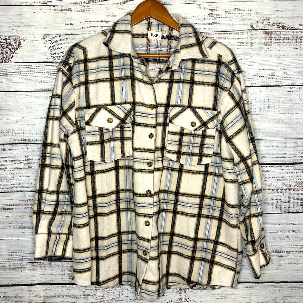 BKE Shacket Plaid Flannel Jacket Boyfriend Oversized Sherpa Button Up Winter
